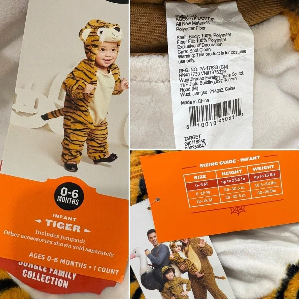 NWT Tiger Plush Bodysuit Costume Cosplay Safari Halloween Kids 0-6M Hyde & Eek